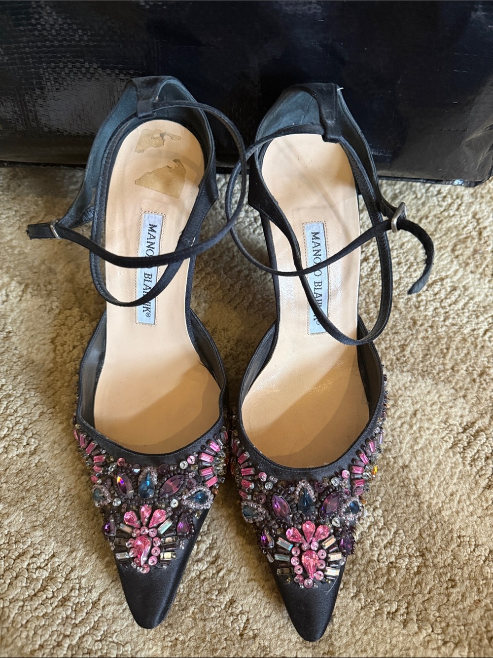 Manolo Blahnik Black Jeweled Pointed-Toe Ankle-Strap Flats